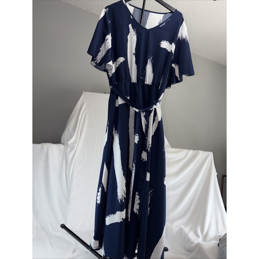 Navy & White Brushstroke Print V-Neck Belted Maxi Dress 3XL Flutter Sleeve Flowy